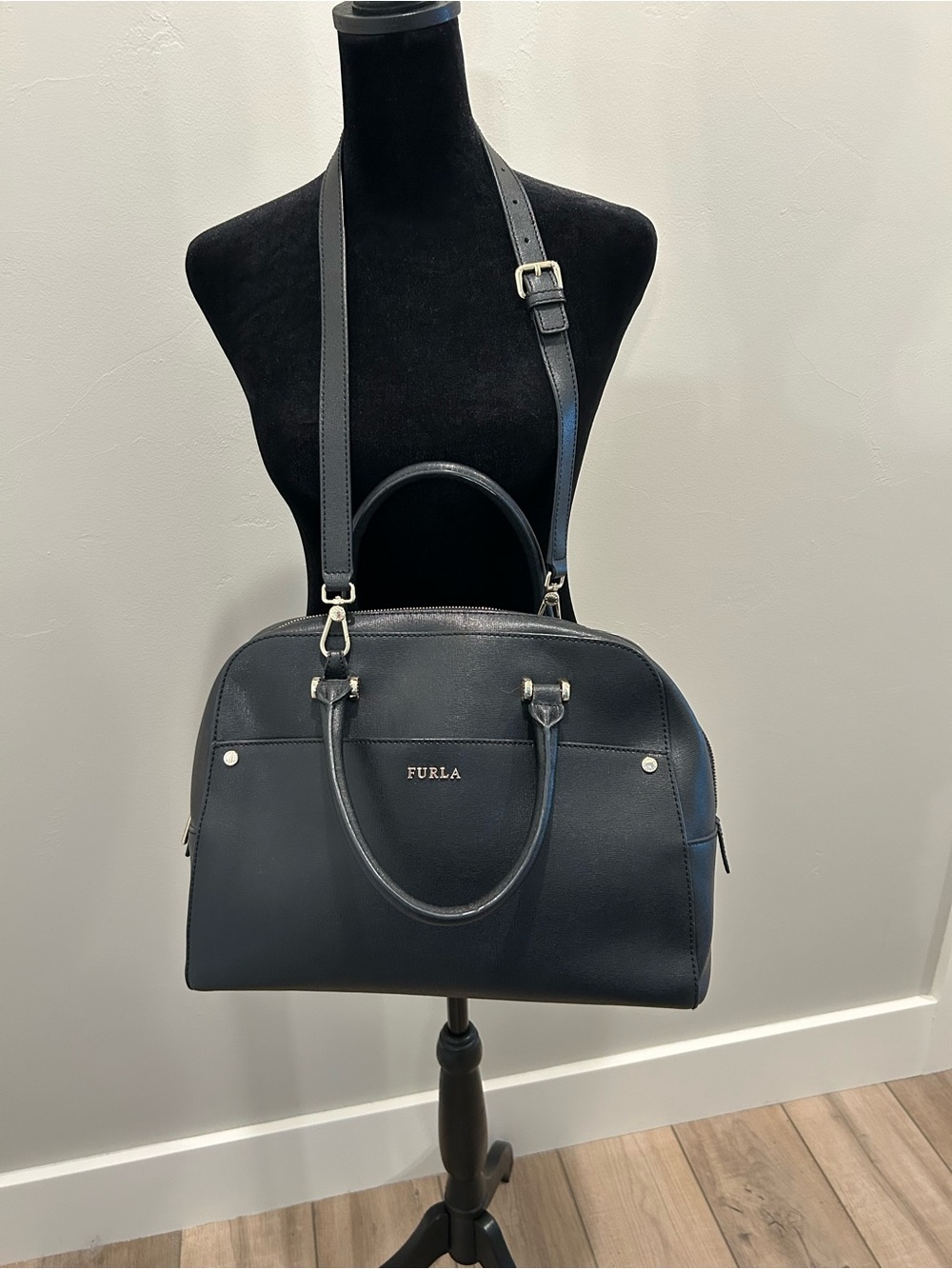 Furla Black Saffiano Leather Dome Satchel with Adjustable Strap